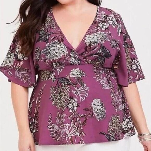 Torrid Lavender purple & gray floral babydoll flutter sleeve kimono top 0X L 12 - Picture 1 of 7